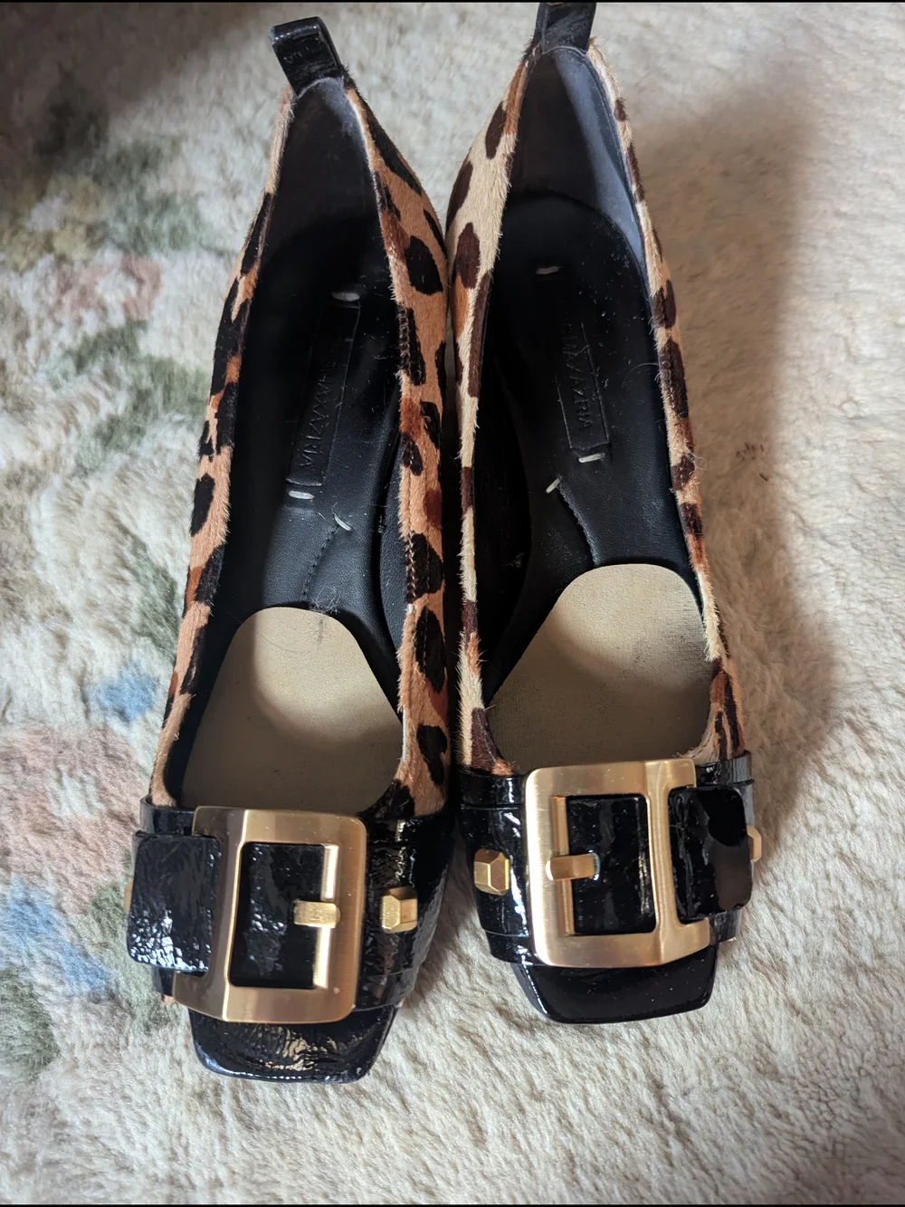 BCBGMaxAzria Leopard-Print Flats with Black Patent & Gold Buckle